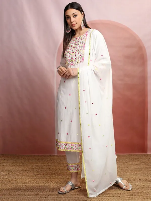 Vishudh Women White Embroidered Kurta With Trousers And Dupatta