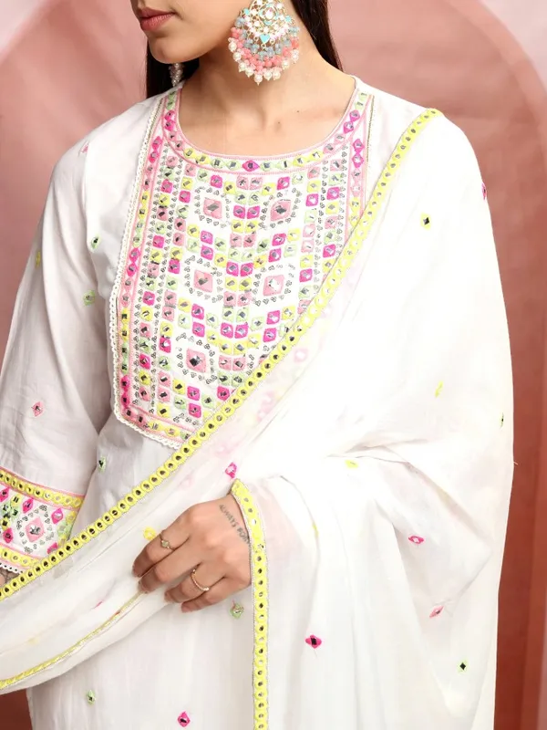 Vishudh Women White Embroidered Kurta With Trousers And Dupatta