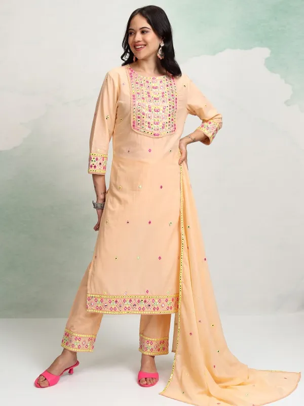 Vishudh Women Pink Embroidered Kurta With Trousers And Dupatta