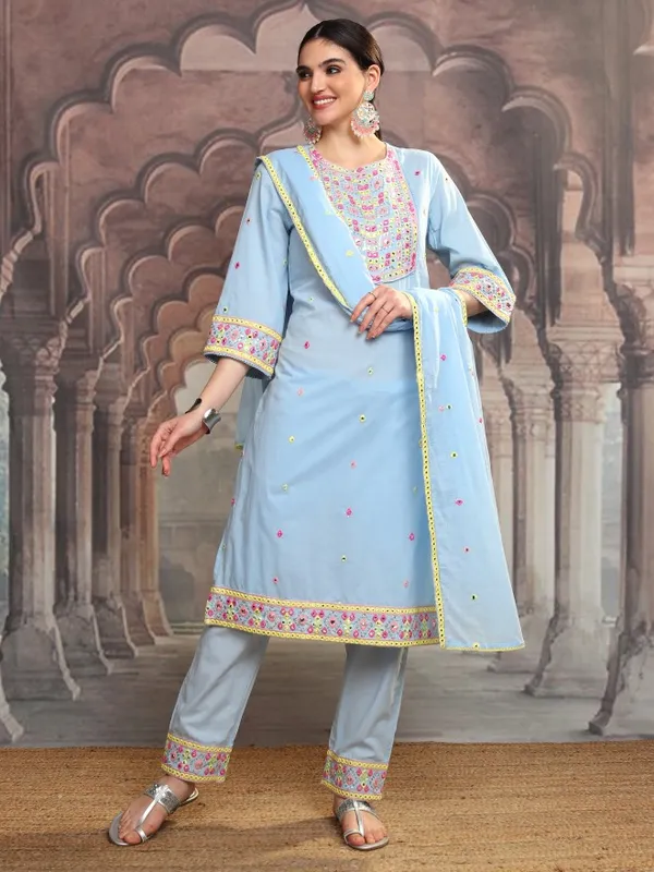 Vishudh Women Blue Embroidered Kurta With Trouser And Dupatta