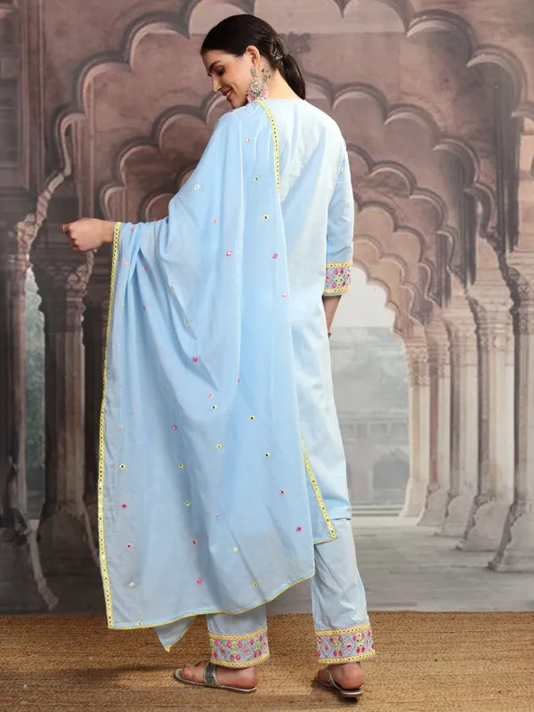 Vishudh Women Blue Embroidered Kurta With Trouser And Dupatta