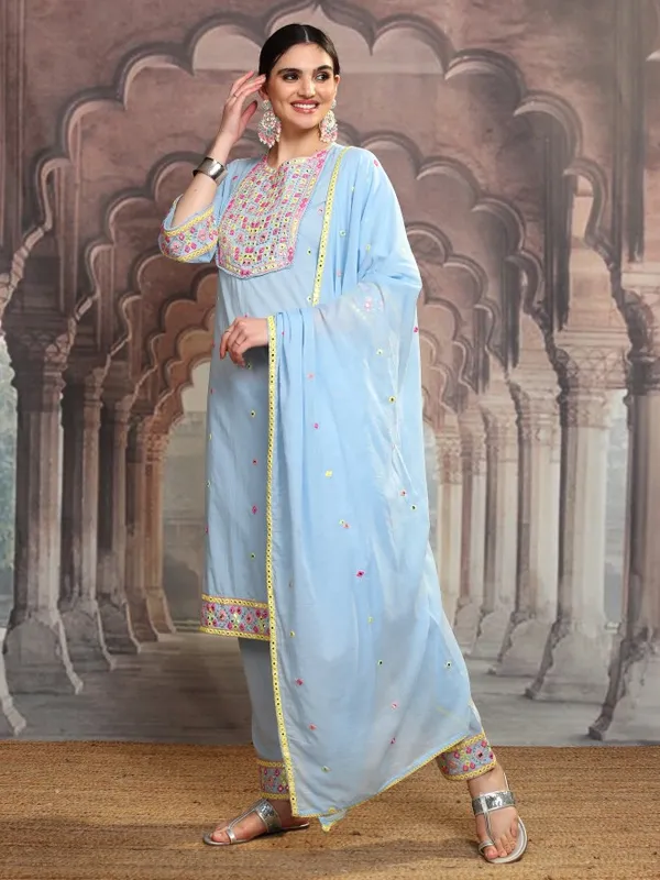 Vishudh Women Blue Embroidered Kurta With Trouser And Dupatta