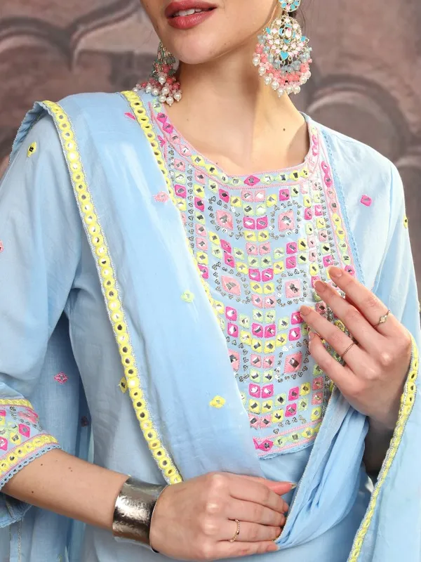 Vishudh Women Blue Embroidered Kurta With Trouser And Dupatta