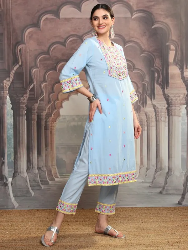 Vishudh Women Blue Embroidered Kurta With Trouser And Dupatta