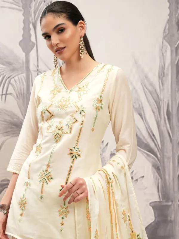 Vishudh Women Cream Embroidered Kurta With Sharara And Dupatta