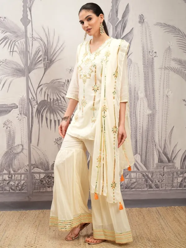 Vishudh Women Cream Embroidered Kurta With Sharara And Dupatta