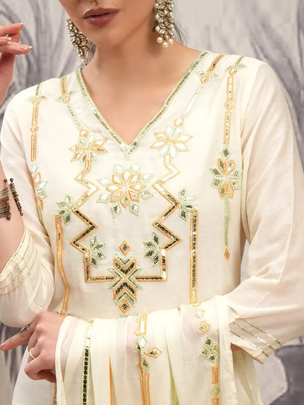 Vishudh Women Cream Embroidered Kurta With Sharara And Dupatta