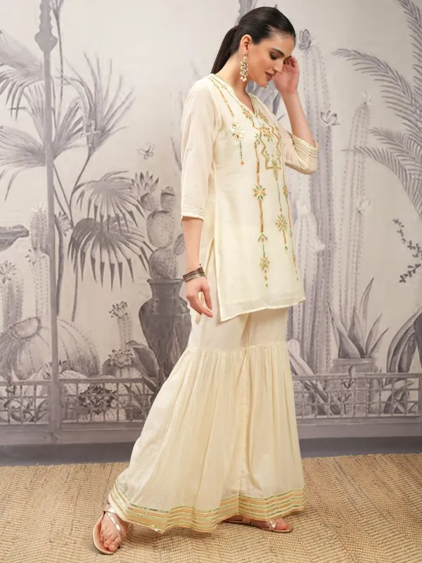 Vishudh Women Cream Embroidered Kurta With Sharara And Dupatta