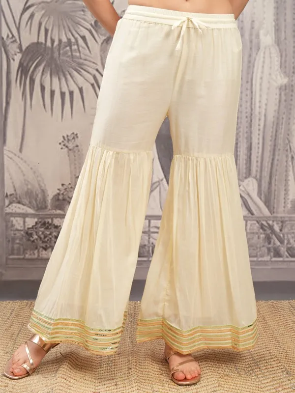 Vishudh Women Cream Embroidered Kurta With Sharara And Dupatta