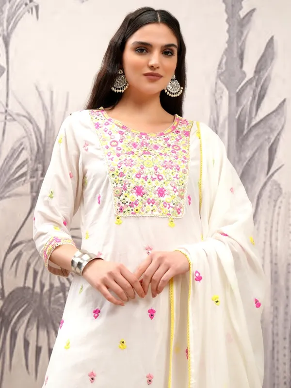 Vishudh Women White Embroidered Kurta With Trousers And Dupatta