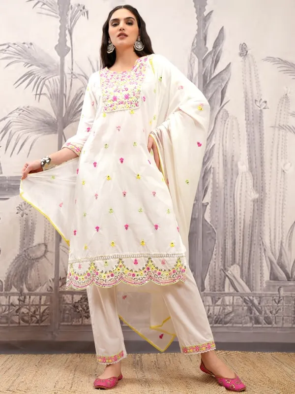 Vishudh Women White Embroidered Kurta With Trousers And Dupatta