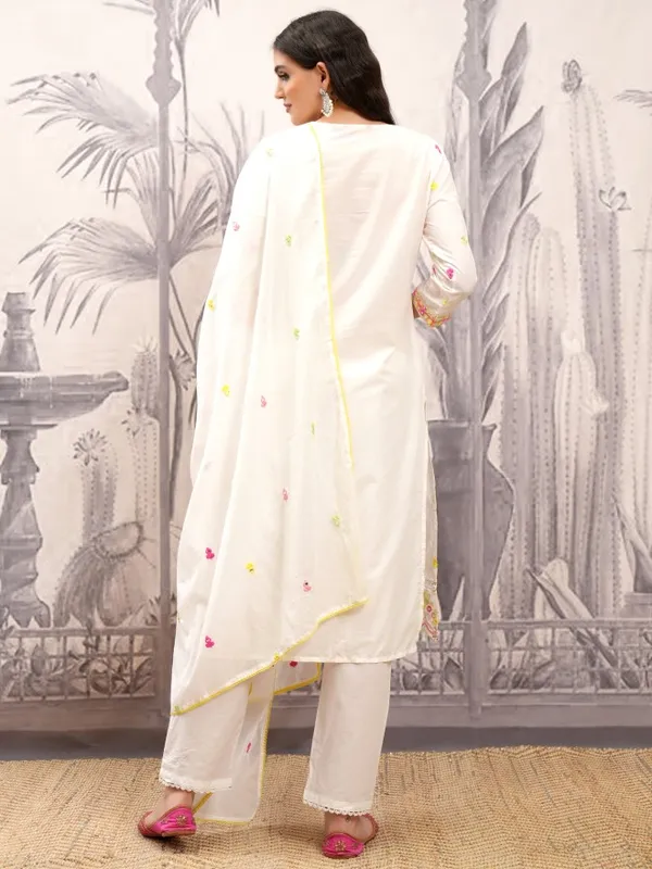 Vishudh Women White Embroidered Kurta With Trousers And Dupatta