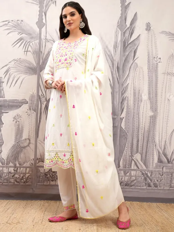 Vishudh Women White Embroidered Kurta With Trousers And Dupatta