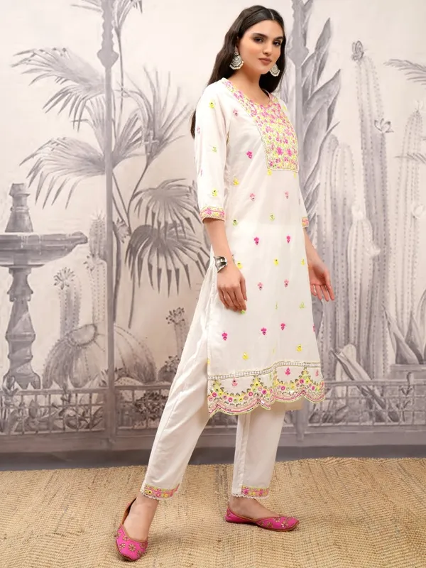 Vishudh Women White Embroidered Kurta With Trousers And Dupatta