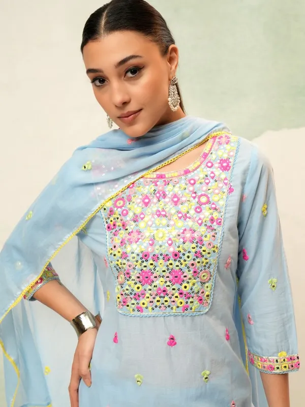 Vishudh Women Blue Embroidered Kurta With Trousers And Dupatta