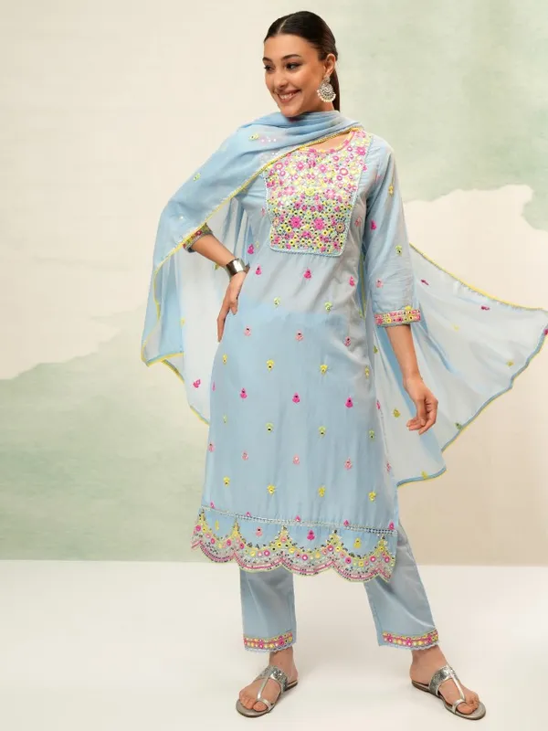 Vishudh Women Blue Embroidered Kurta With Trousers And Dupatta