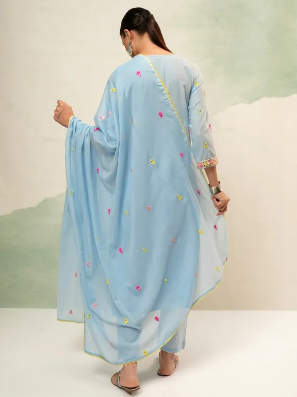 Vishudh Women Blue Embroidered Kurta With Trousers And Dupatta