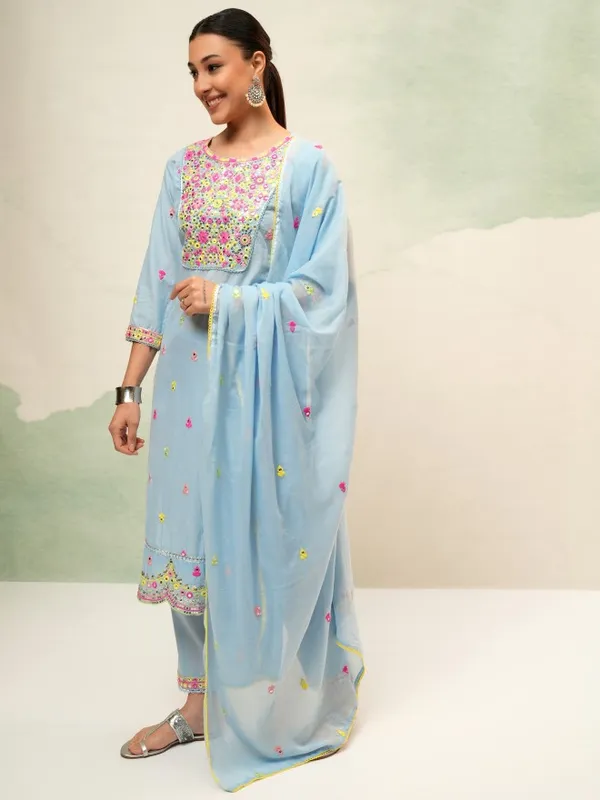 Vishudh Women Blue Embroidered Kurta With Trousers And Dupatta