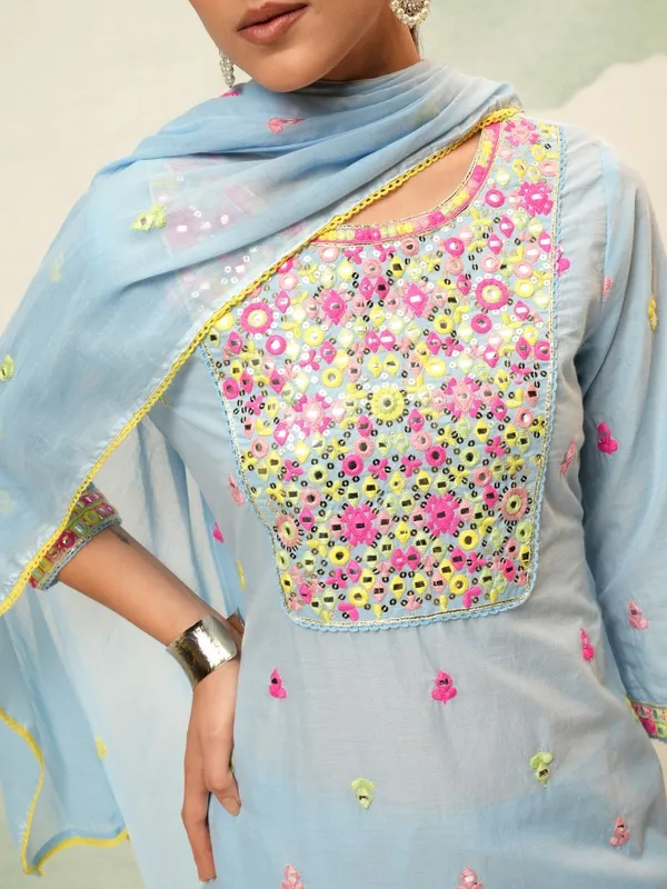Vishudh Women Blue Embroidered Kurta With Trousers And Dupatta