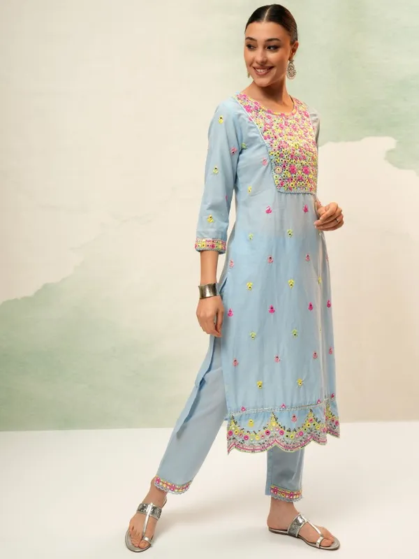 Vishudh Women Blue Embroidered Kurta With Trousers And Dupatta