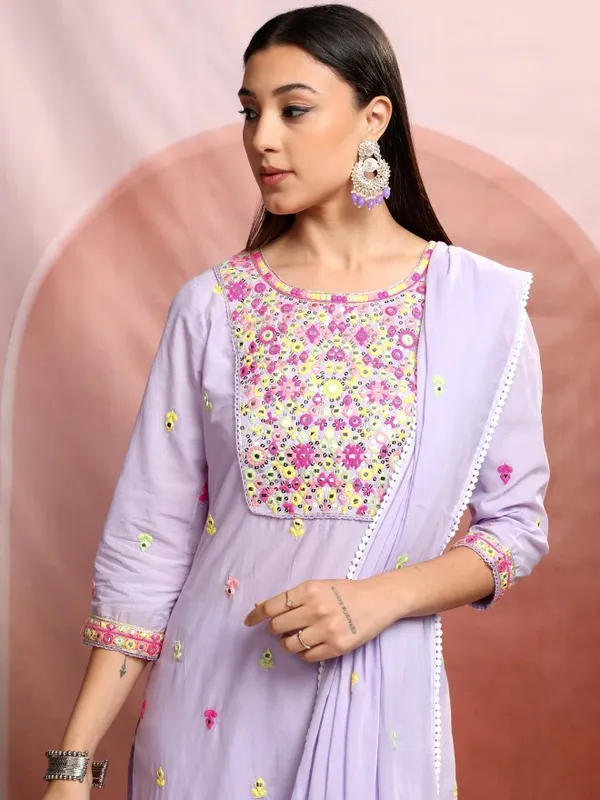 Vishudh Women Lavender Embroidered Kurta With Trousers And Dupatta
