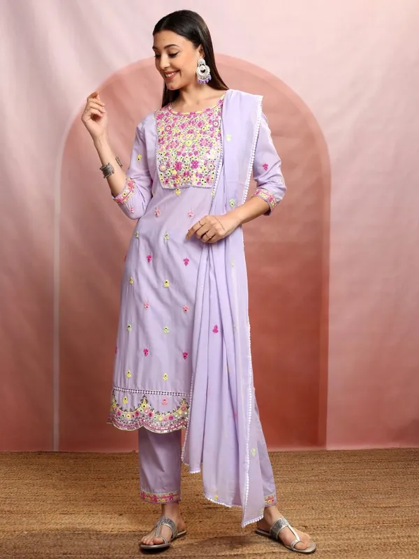 Vishudh Women Lavender Embroidered Kurta With Trousers And Dupatta