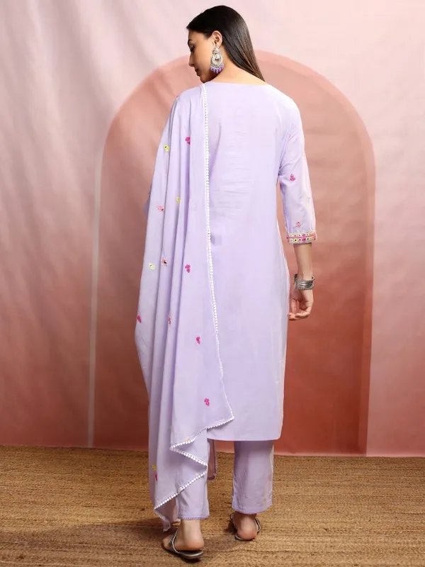 Vishudh Women Lavender Embroidered Kurta With Trousers And Dupatta