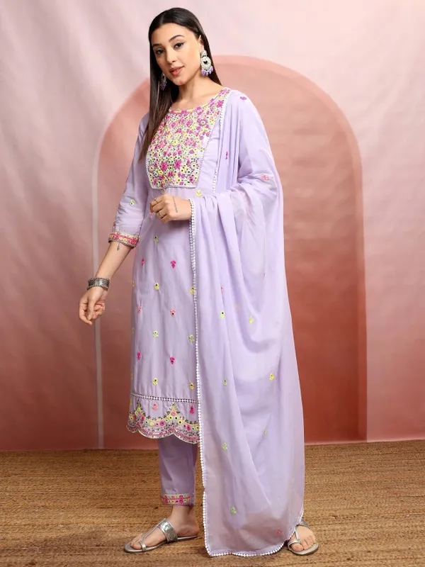 Vishudh Women Lavender Embroidered Kurta With Trousers And Dupatta