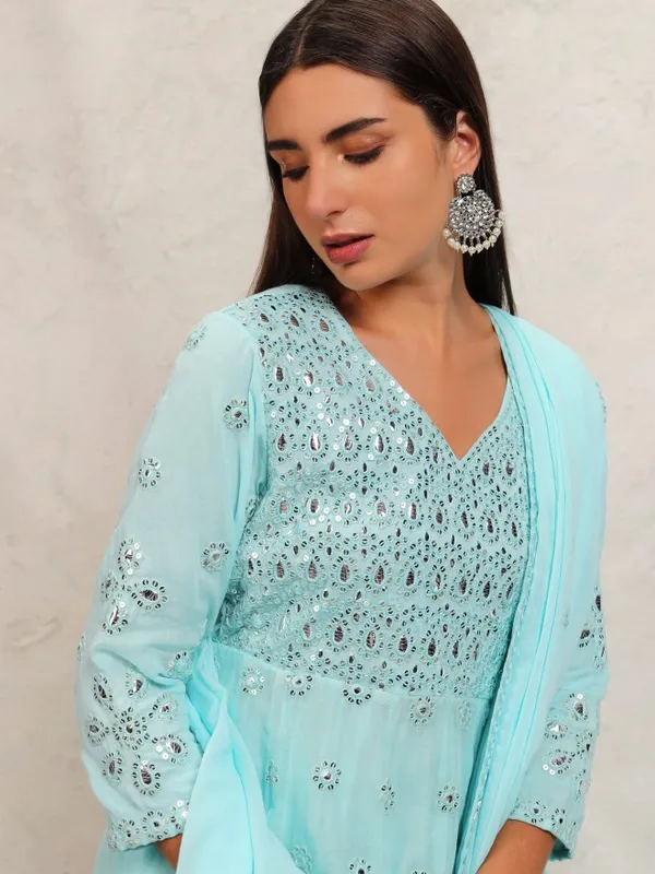 Vishudh Women Blue Embroidered Kurta With Trousers & Dupatta