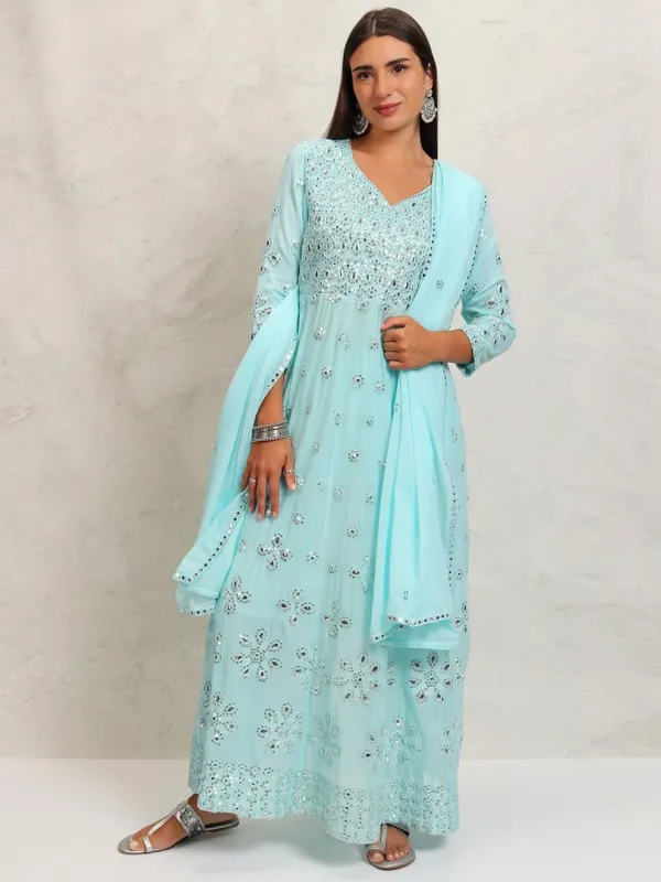Vishudh Women Blue Embroidered Kurta With Trousers & Dupatta