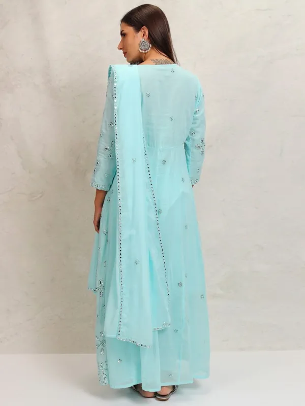 Vishudh Women Blue Embroidered Kurta With Trousers & Dupatta
