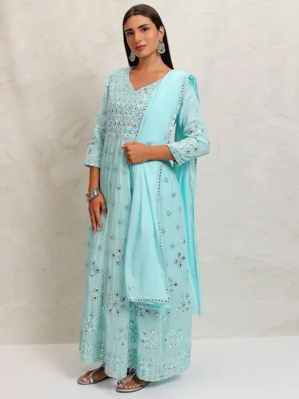 Vishudh Women Blue Embroidered Kurta With Trousers & Dupatta