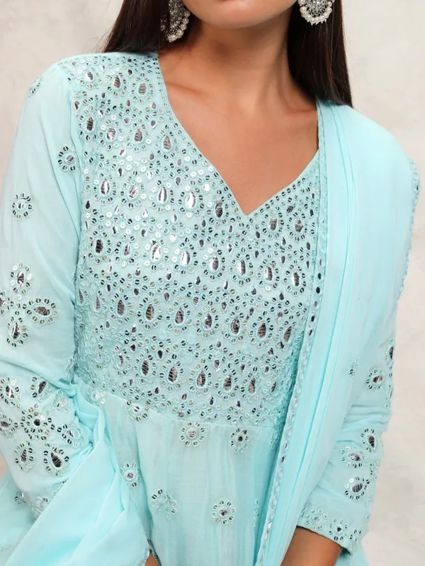 Vishudh Women Blue Embroidered Kurta With Trousers & Dupatta