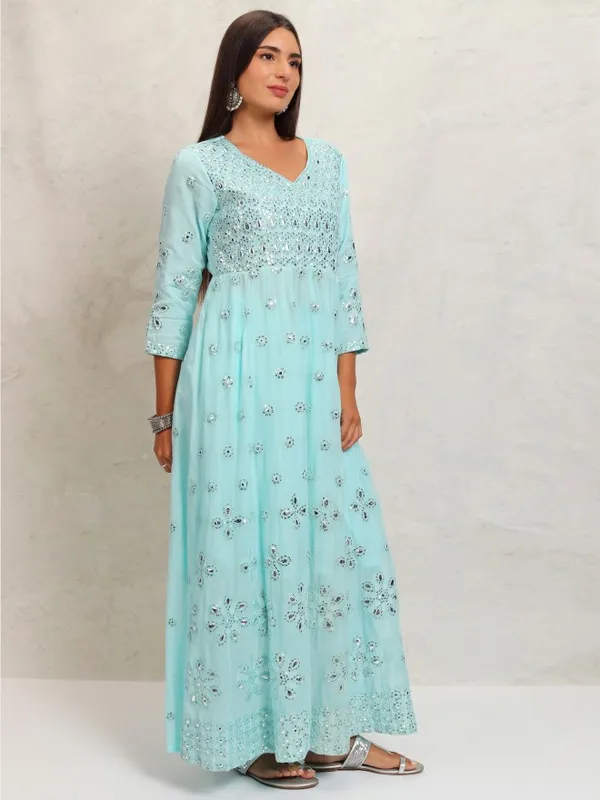 Vishudh Women Blue Embroidered Kurta With Trousers & Dupatta