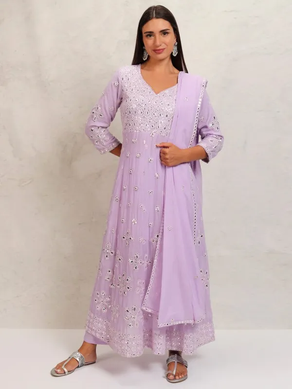 Vishudh Women Lavender Embroidered Kurta With Trousers & Dupatta