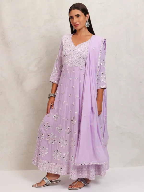 Vishudh Women Lavender Embroidered Kurta With Trousers & Dupatta
