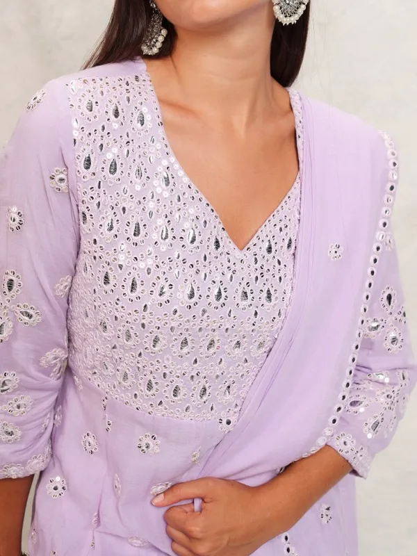 Vishudh Women Lavender Embroidered Kurta With Trousers & Dupatta