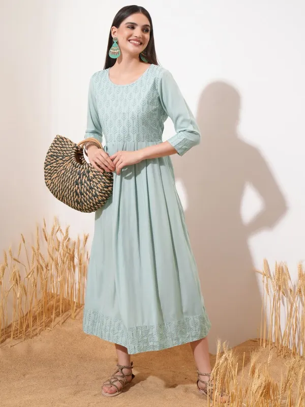 Vishudh Women Sage Embroidered A-Line Dress