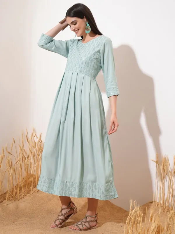 Vishudh Women Sage Embroidered A-Line Dress
