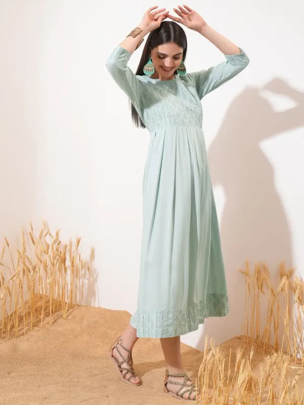 Vishudh Women Sage Embroidered A-Line Dress