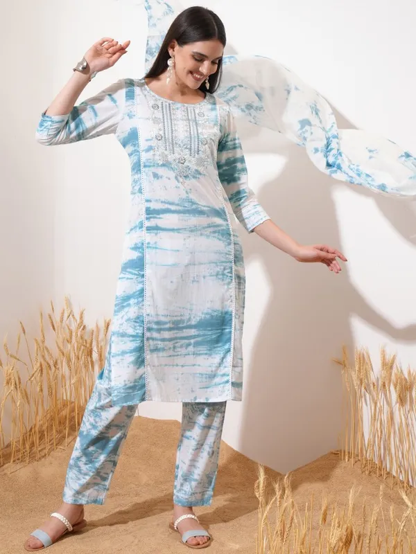 Vishudh Women Blue Embroidered Kurta With Trouser And Dupatta