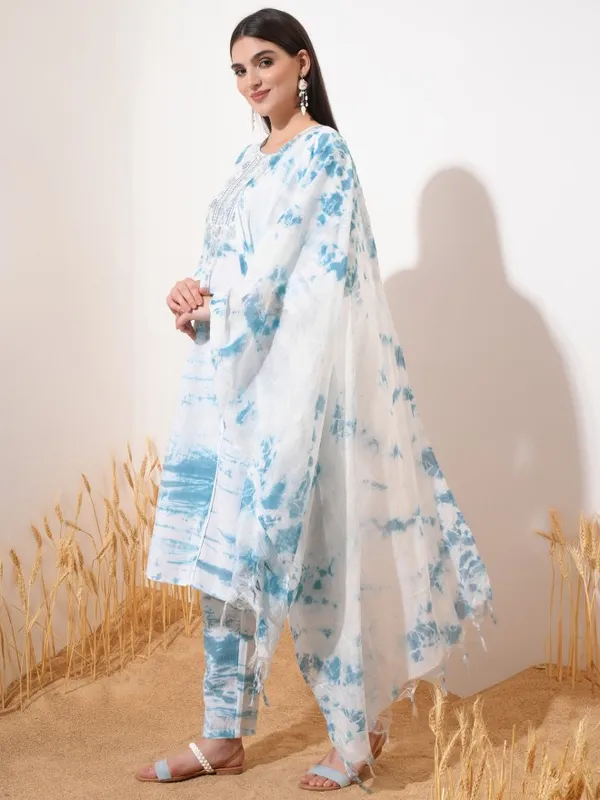 Vishudh Women Blue Embroidered Kurta With Trouser And Dupatta