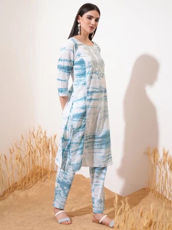 Vishudh Women Blue Embroidered Kurta With Trouser And Dupatta