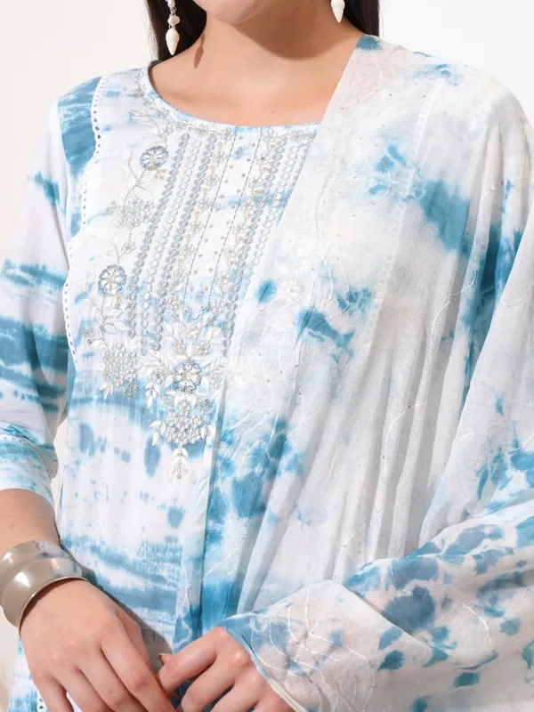 Vishudh Women Blue Embroidered Kurta With Trouser And Dupatta