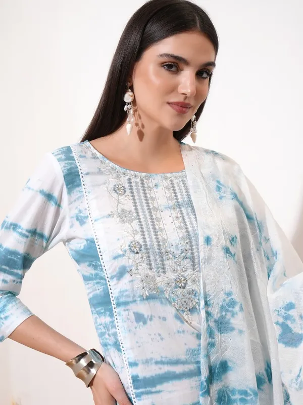 Vishudh Women Blue Embroidered Kurta With Trouser And Dupatta