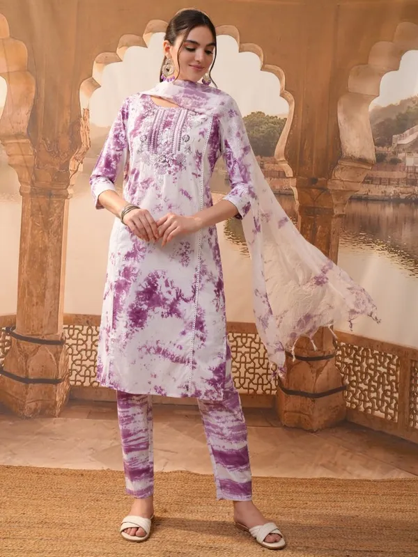 Vishudh Women Purple Embroidered Kurta With Trouser And Dupatta