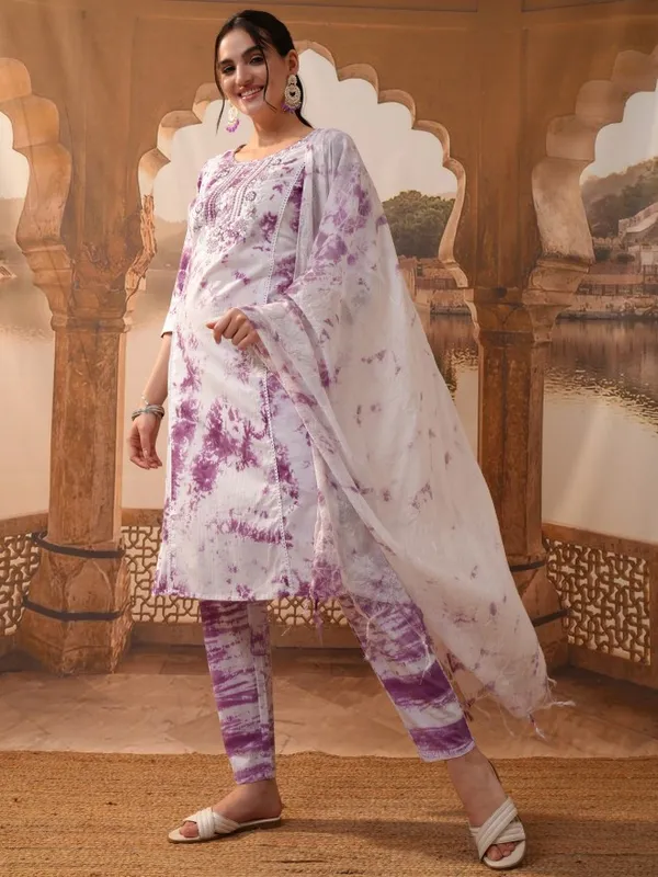 Vishudh Women Purple Embroidered Kurta With Trouser And Dupatta