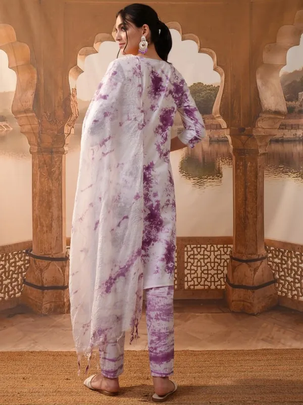 Vishudh Women Purple Embroidered Kurta With Trouser And Dupatta