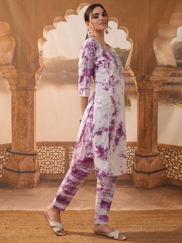 Vishudh Women Purple Embroidered Kurta With Trouser And Dupatta