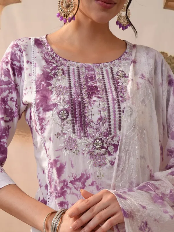 Vishudh Women Purple Embroidered Kurta With Trouser And Dupatta